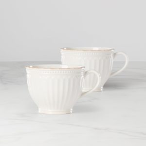 French Perle Groove White Latte Mugs. Set of 2