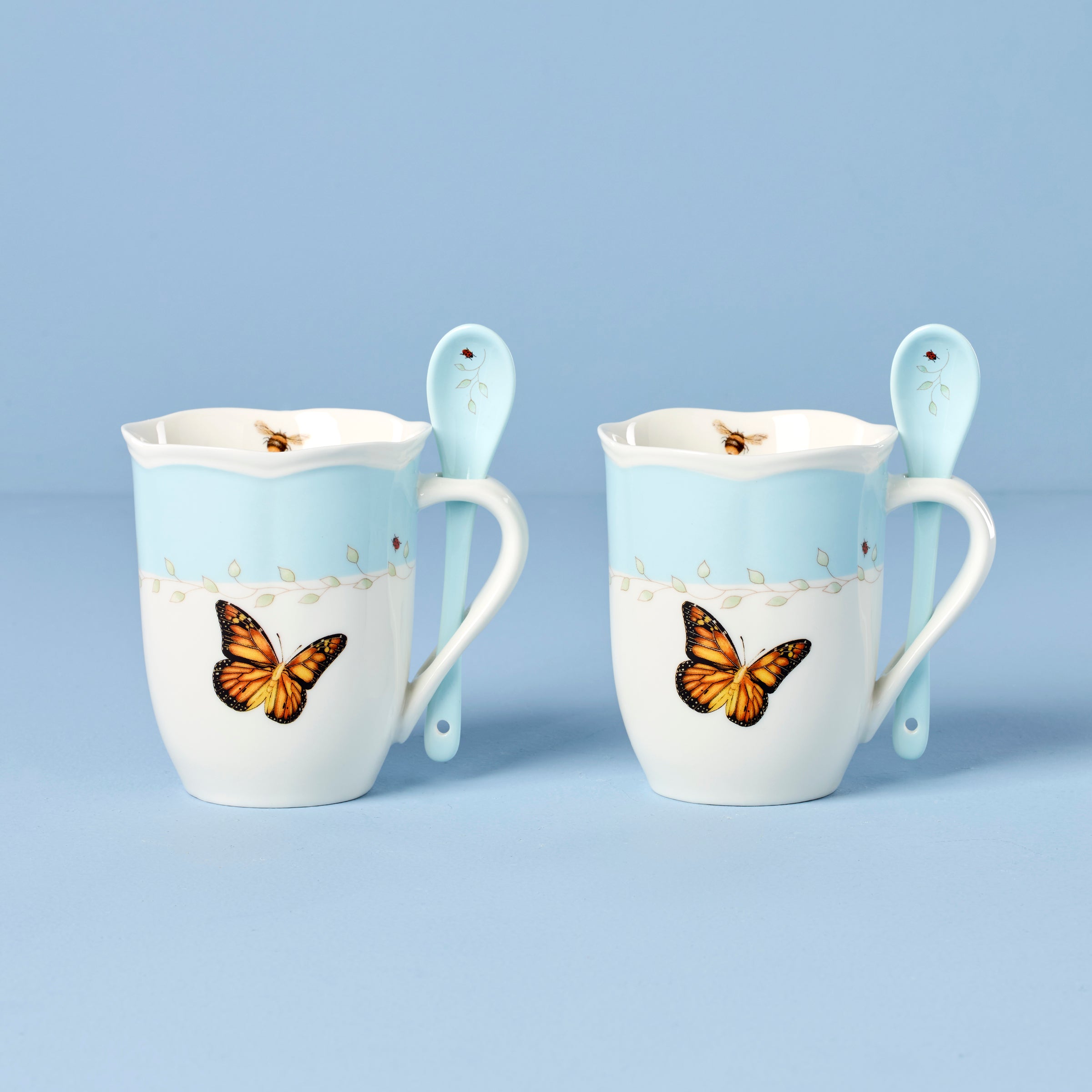 Butterfly Meadow Blue Mugs with Spoons. Set of 2