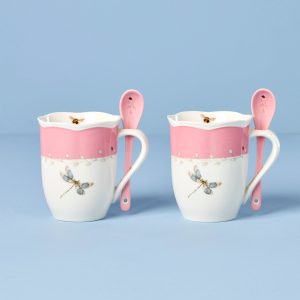 Butterfly Meadow Pink Mugs with Spoons. Set of 2