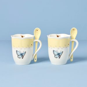Butterfly Meadow Yellow Mugs with Spoons. Set of 2
