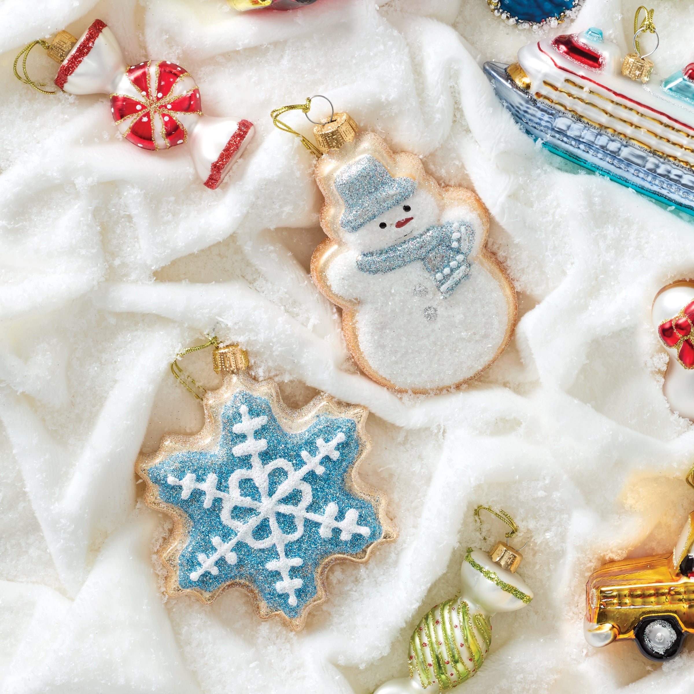 Retro Blown Glass Snowman & Snowflake Cookie Ornament Set - Image 2